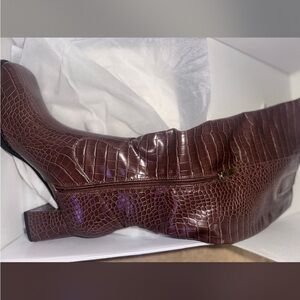 Brown Croc-Embossed Knee-High Boots